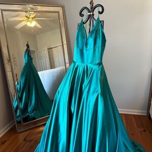 Sherri Hill Aqua Satin Prom Gown